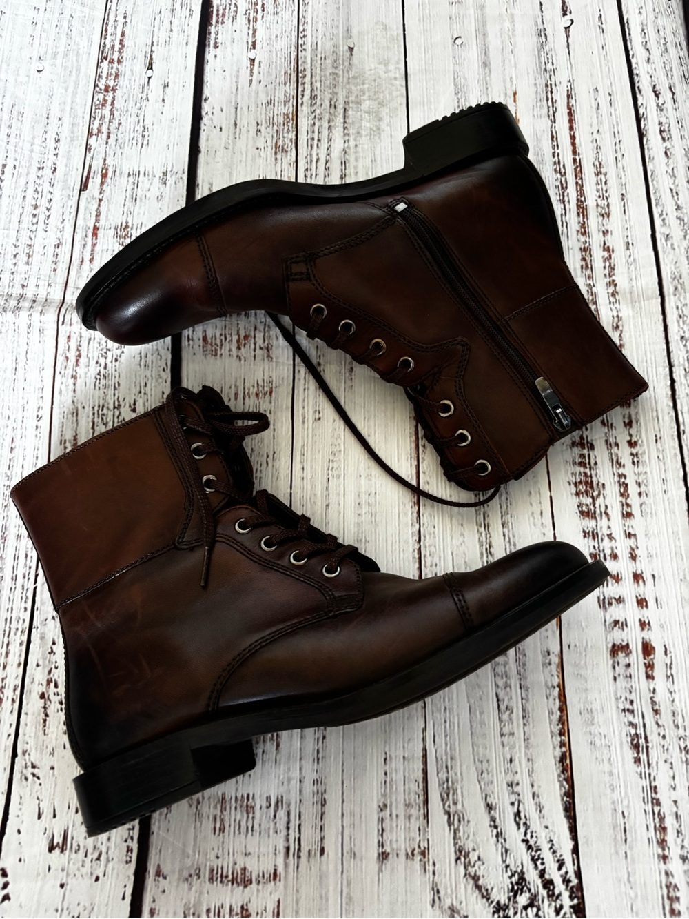Ecco Men's Brown Leather Lace-Up Side-Zip Combat Boots